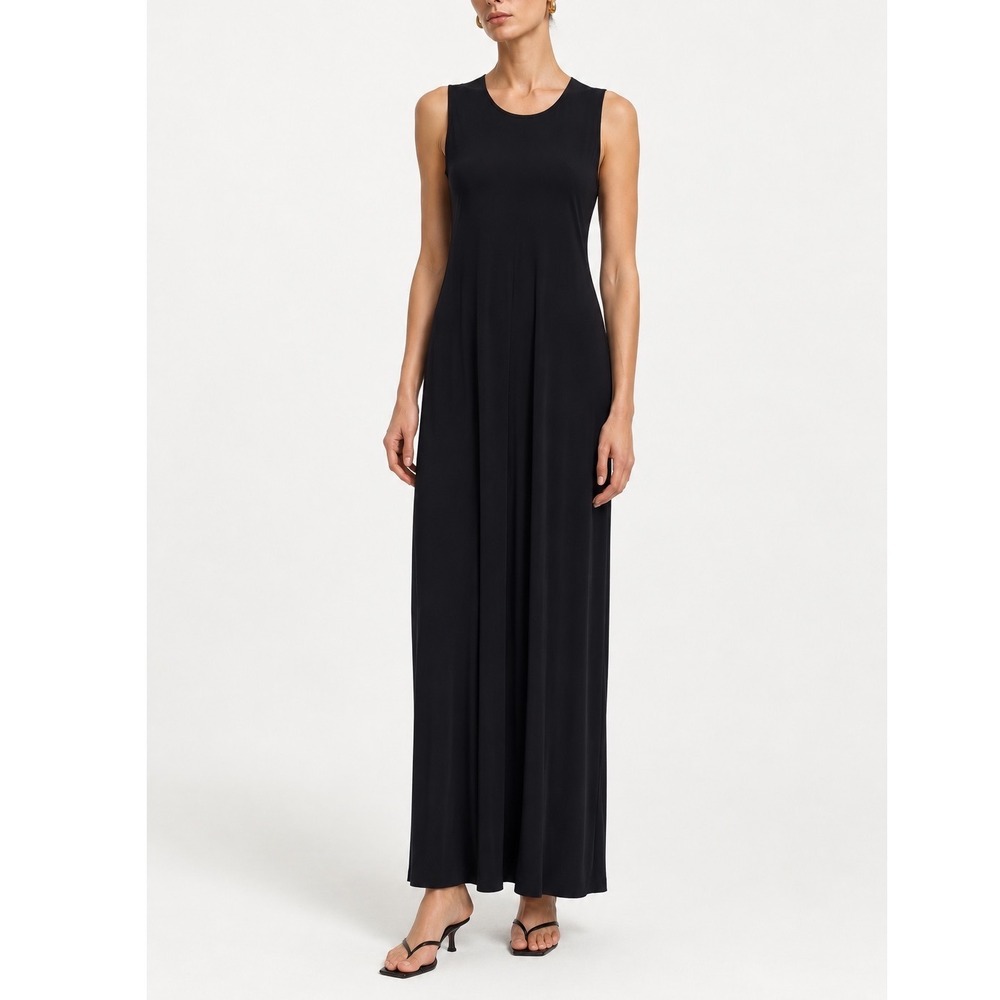 Norma Kamali Sleeveless Long Swing Dress Large Black Maxi Crew Neck Pockets